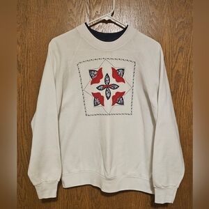 Vintage Grandma Core Cottage Core Quilted Patchwork Embroidered Bow Crewneck